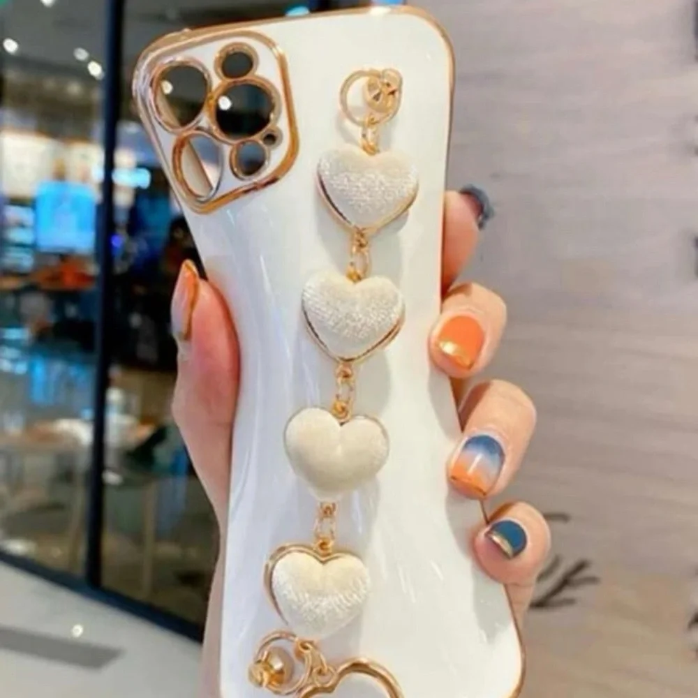 White Heart Charm Phone Case Strap with Gold Accents - Women Accessories